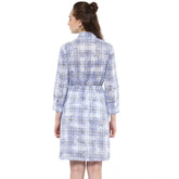 Women's Cotton Checkered Roll Up Sleeve Above Knee Dress (Blue)